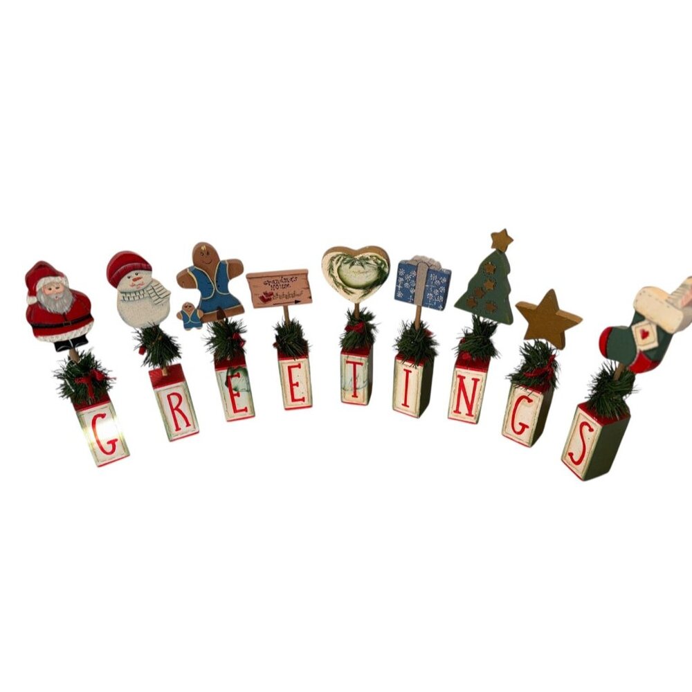 HM Wooden Blocks Christmas "GREETINGS" Home Mantel Table Decor Centerpiece HP